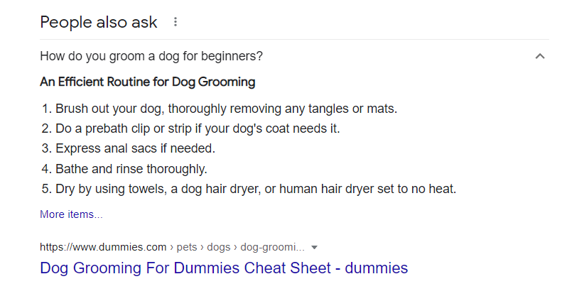 Example showing list format results for How to questions on Google PAA