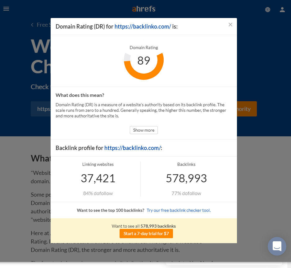 Backlinko’s Domain Rating on Ahrefs website authority checker