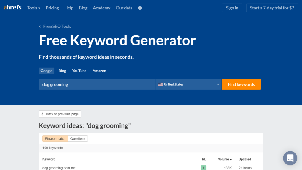 Free Keyword Generator by Ahrefs to use for keyword research