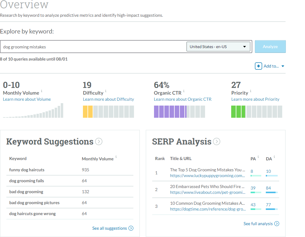 Moz Keyword Research, example of low volume keyword