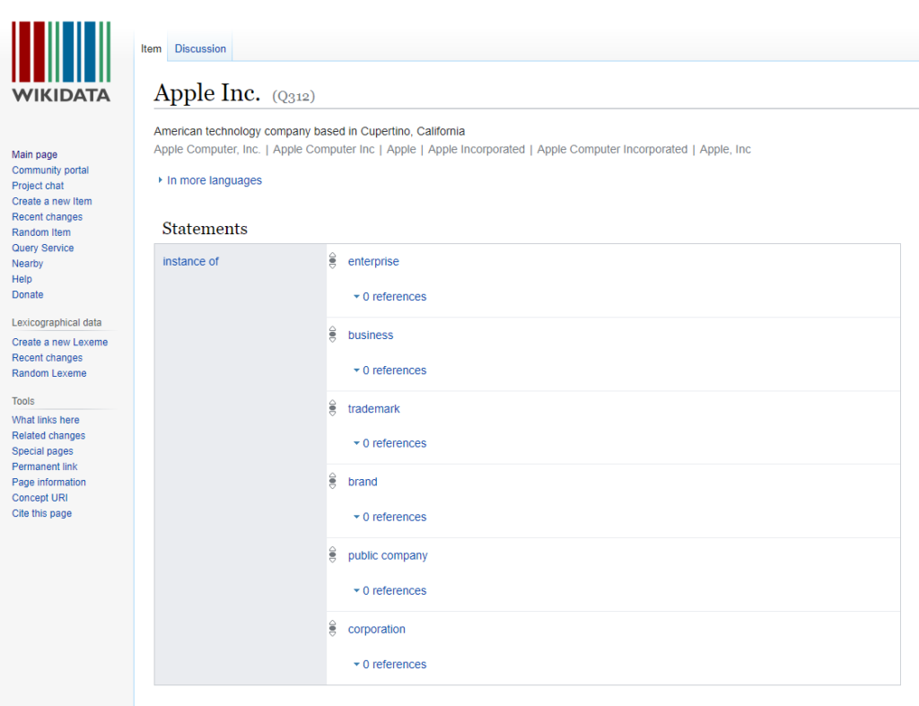 Wikidata page for Apple Inc, what is the Google Knowledge Panel