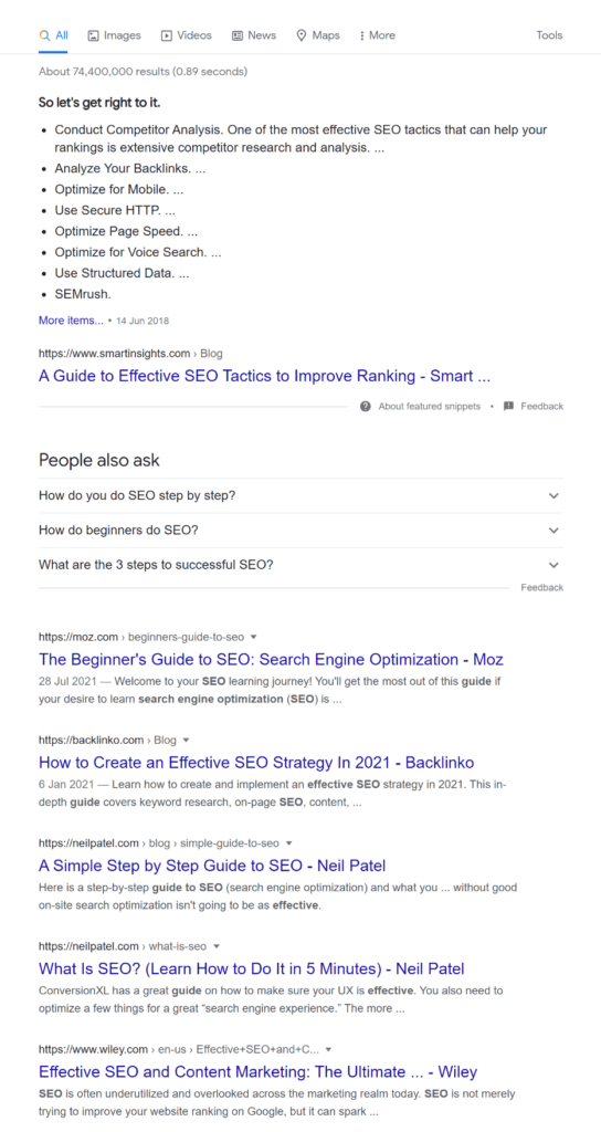 Example showing the occurence of PDFs in search results