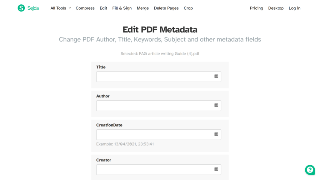 Sejda, online tool for adding PDF properties to documents