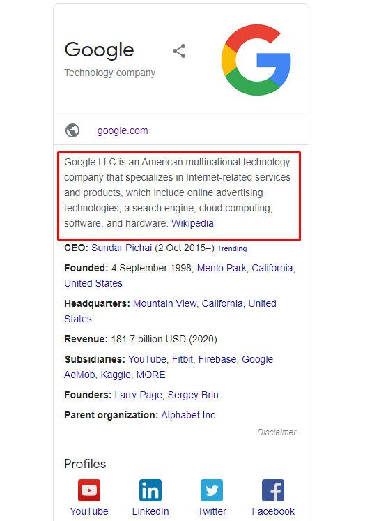 Google Knowledge Panel with Wikipedia Excerpt