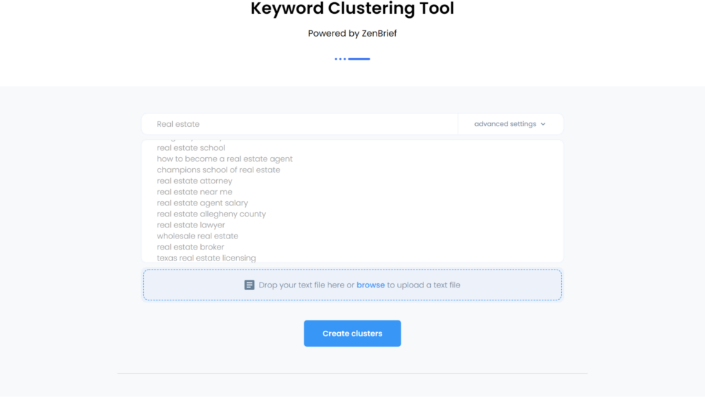 Zenbrief Keyword Clustering Tool - Adding Keywords.