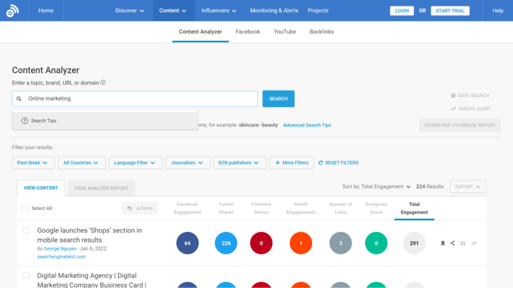 BuzzSumo content analyzer to find blog topics