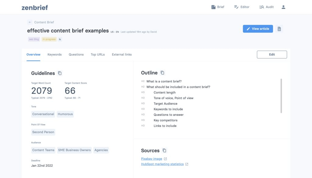 Zenbrief example of content outline