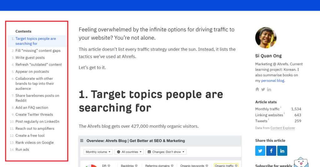 A floating table of contents on the Ahrefs blog
